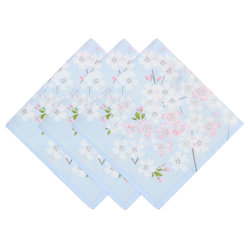 Selected Hanky Women’s 100% Cotton Square Soft Handkerchief, Cherry Blossom Print Hankies, Suitable for Gifts, 3 Pieces-40cm*40cm, Light Blue