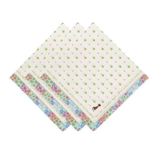 Selected Hanky  Women’s 100% Cotton Square Soft Handkerchief, Flora and Cat Print Hankies, Suitable for Gifts, 3 Pieces-40cm*40cm, Water Green