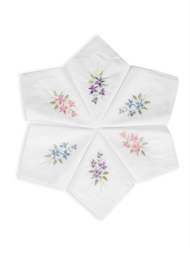 Selected Hanky Floral Embroidered Ladies women's Handkerchief with Lace 6 Piece-15-01