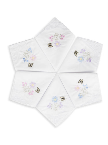 Selected Hanky Floral Embroidered Ladies women's Handkerchief with Lace 6 Piece-15-02