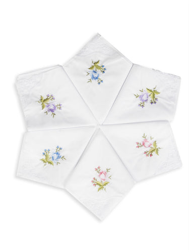 Selected Hanky Floral Embroidered Ladies women's Handkerchief with Lace 6 Piece-15-03