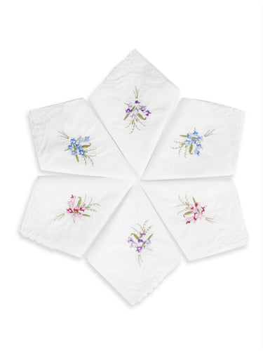 Selected Hanky Floral Embroidered Ladies women's Handkerchief with Lace 6 Piece-15-07