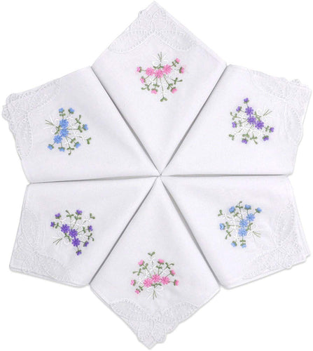 Selected Hanky Ladies/Women's Cotton Handkerchief Flower Embroidered with Lace 6/12 Pack - Assorted