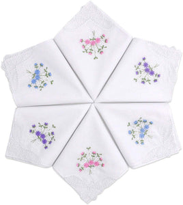 Selected Hanky Ladies/Women's Cotton Handkerchief Flower Embroidered with Lace 6/12 Pack - Assorted