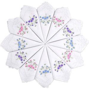 Selected Hanky Ladies/Women's Cotton Handkerchief Flower Embroidered with Lace 6/12 Pack - Assorted